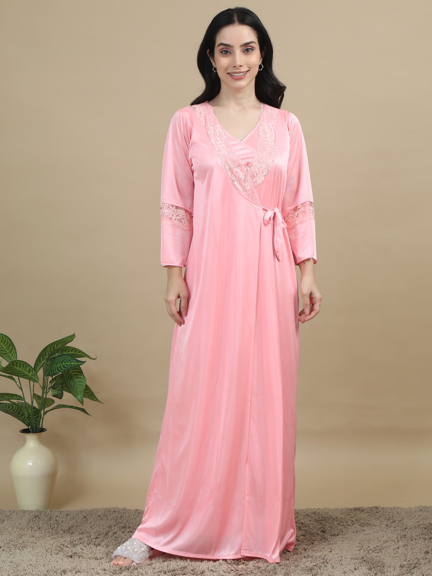 Bridal Long Pink Satin Nighty Women