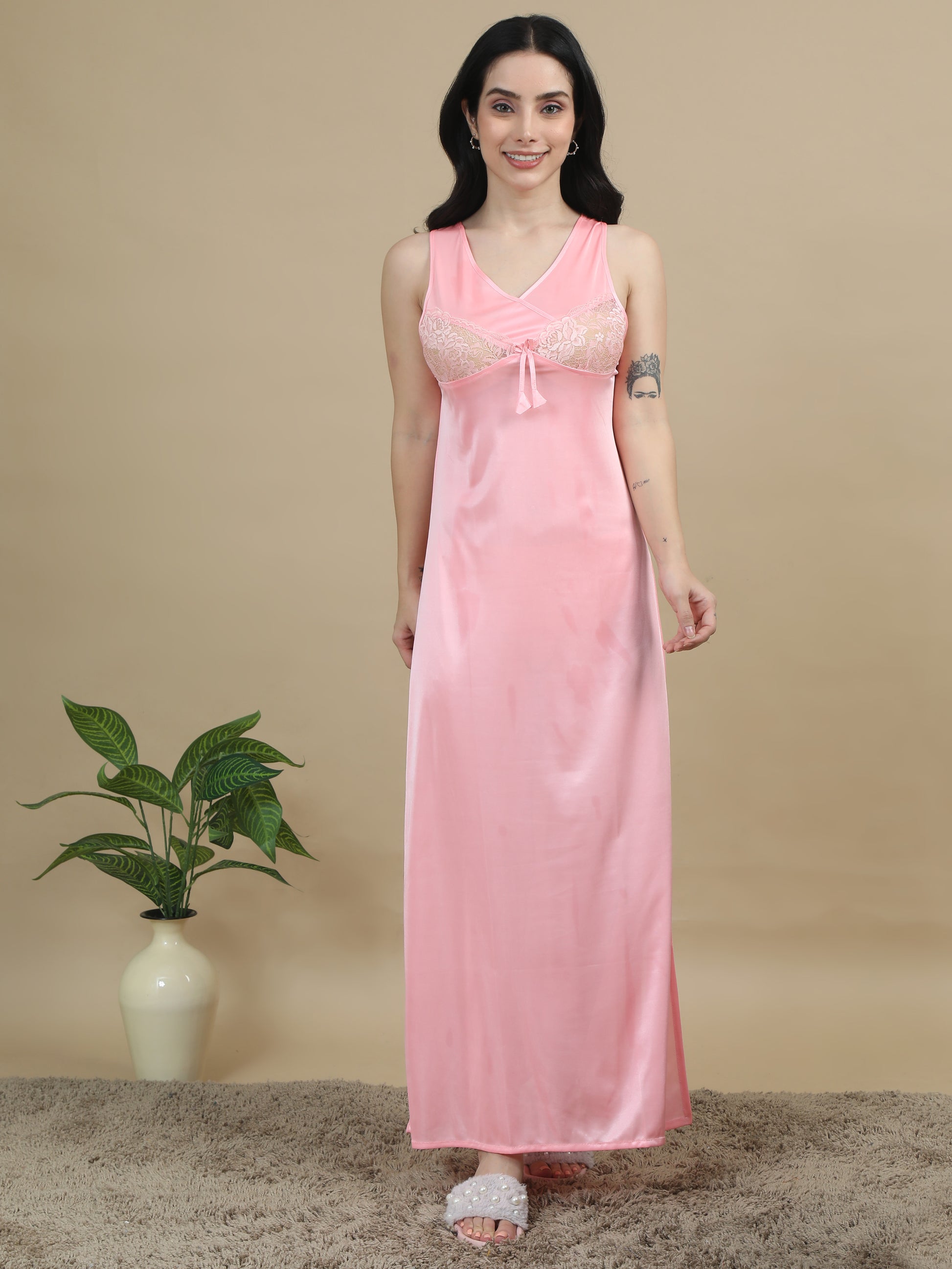 Bridal Long Pink Satin Nighty Women