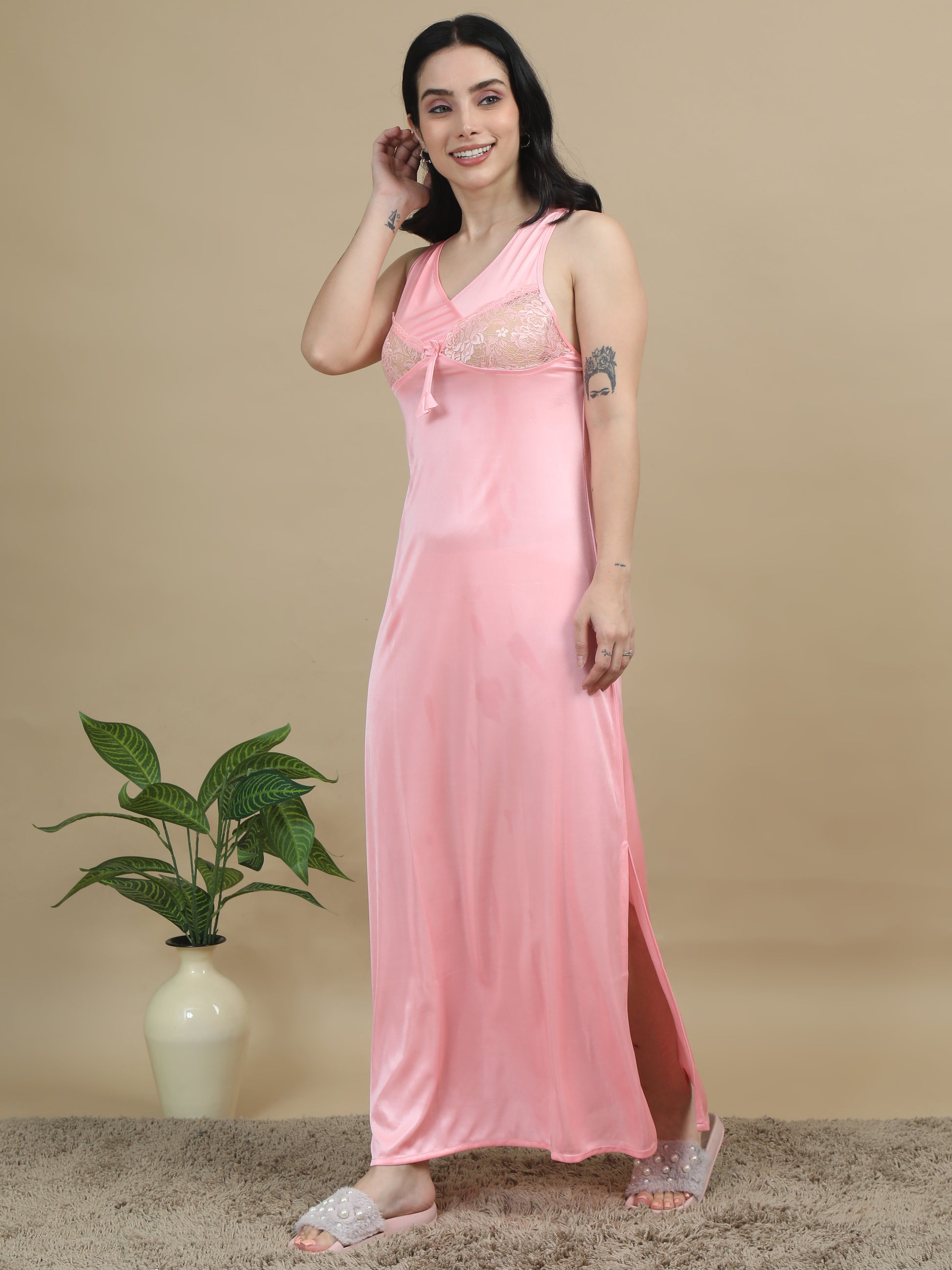 Bridal Long Pink Satin Nighty Women