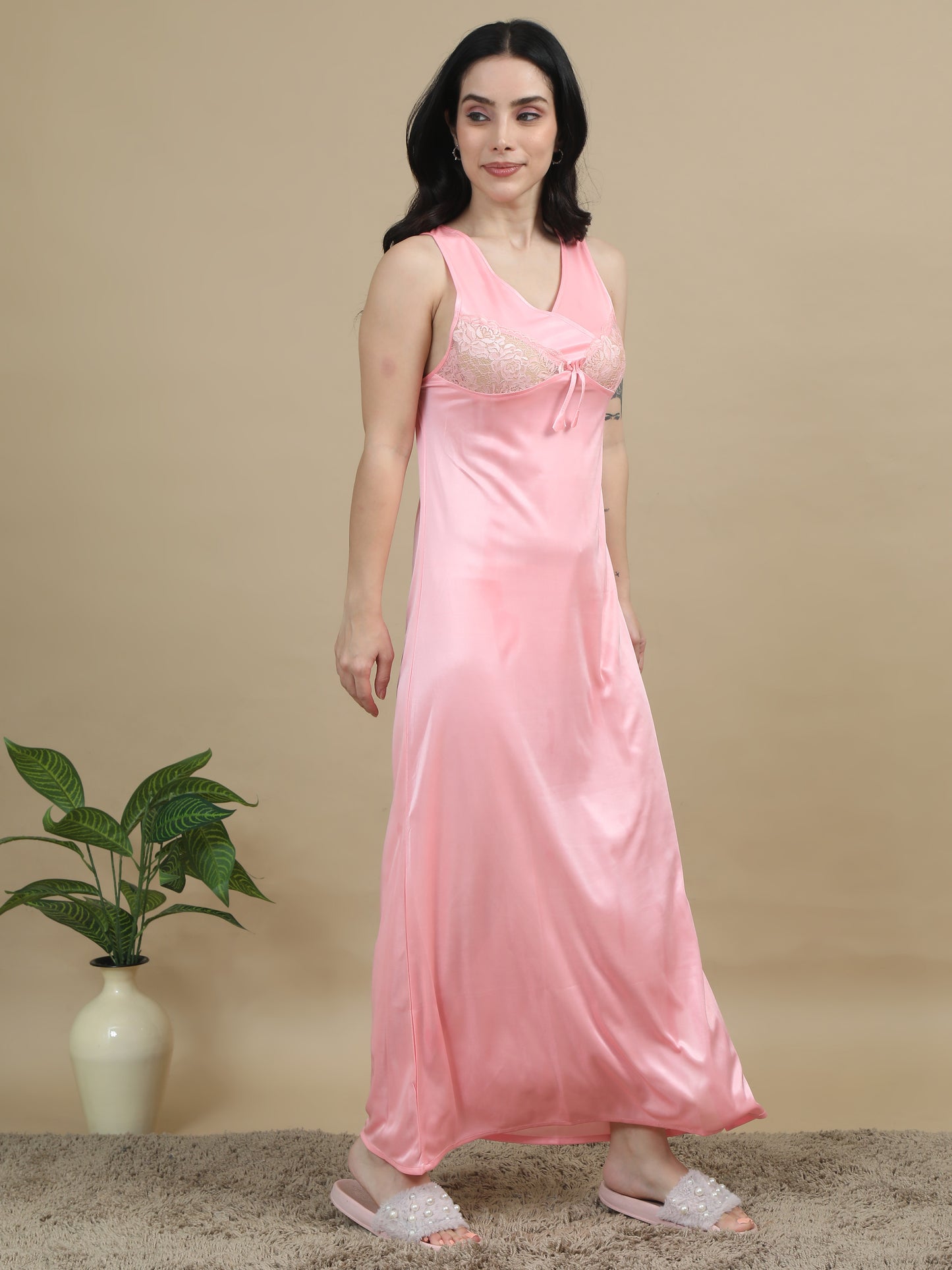 Bridal Long Pink Satin Nighty Women