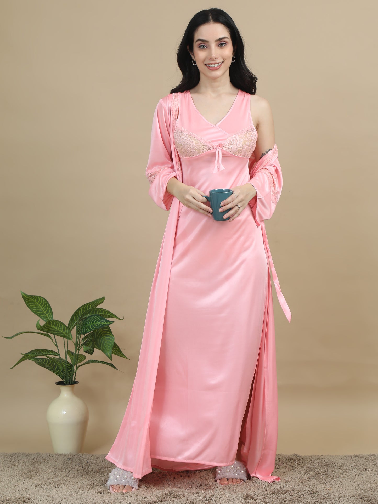 Bridal Long Pink Satin Nighty Women