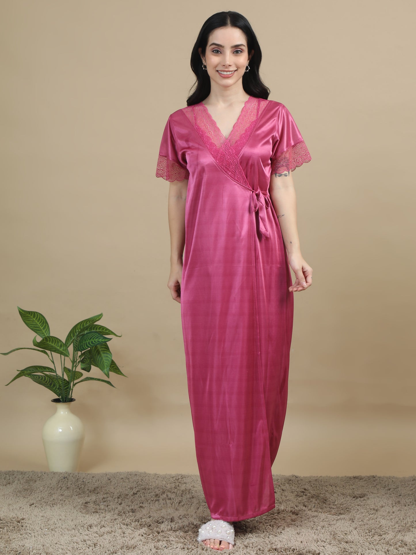 Bridal Long Dark Pink Satin Nightdress Women