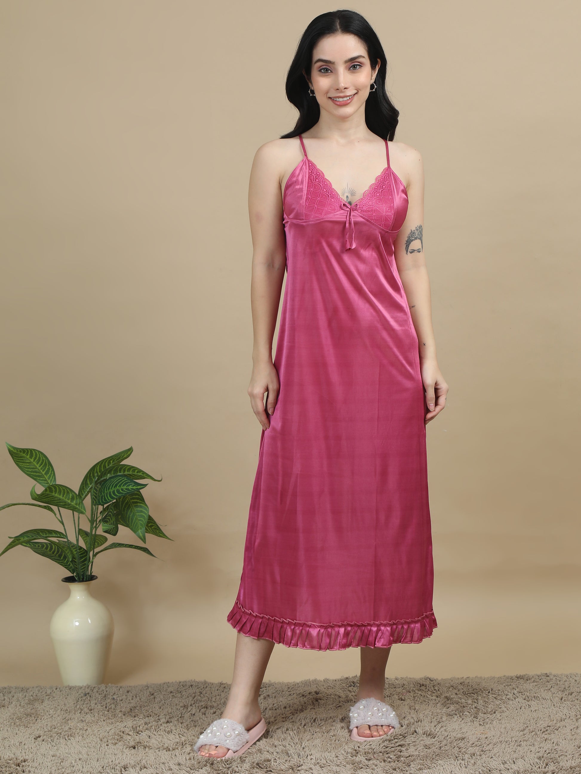 Bridal Long Dark Pink Satin Nightdress Women