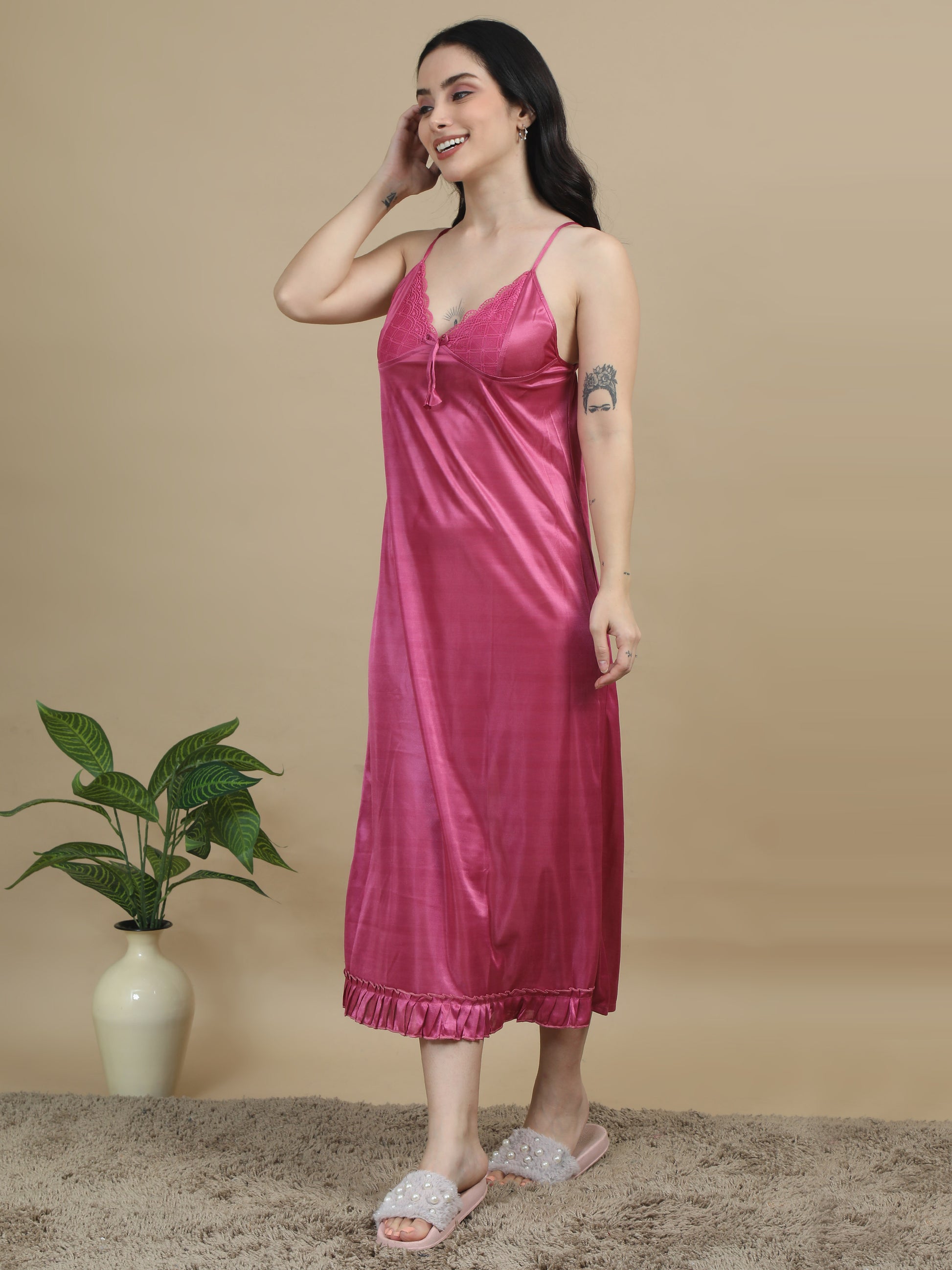 Bridal Long Dark Pink Satin Nightdress Women