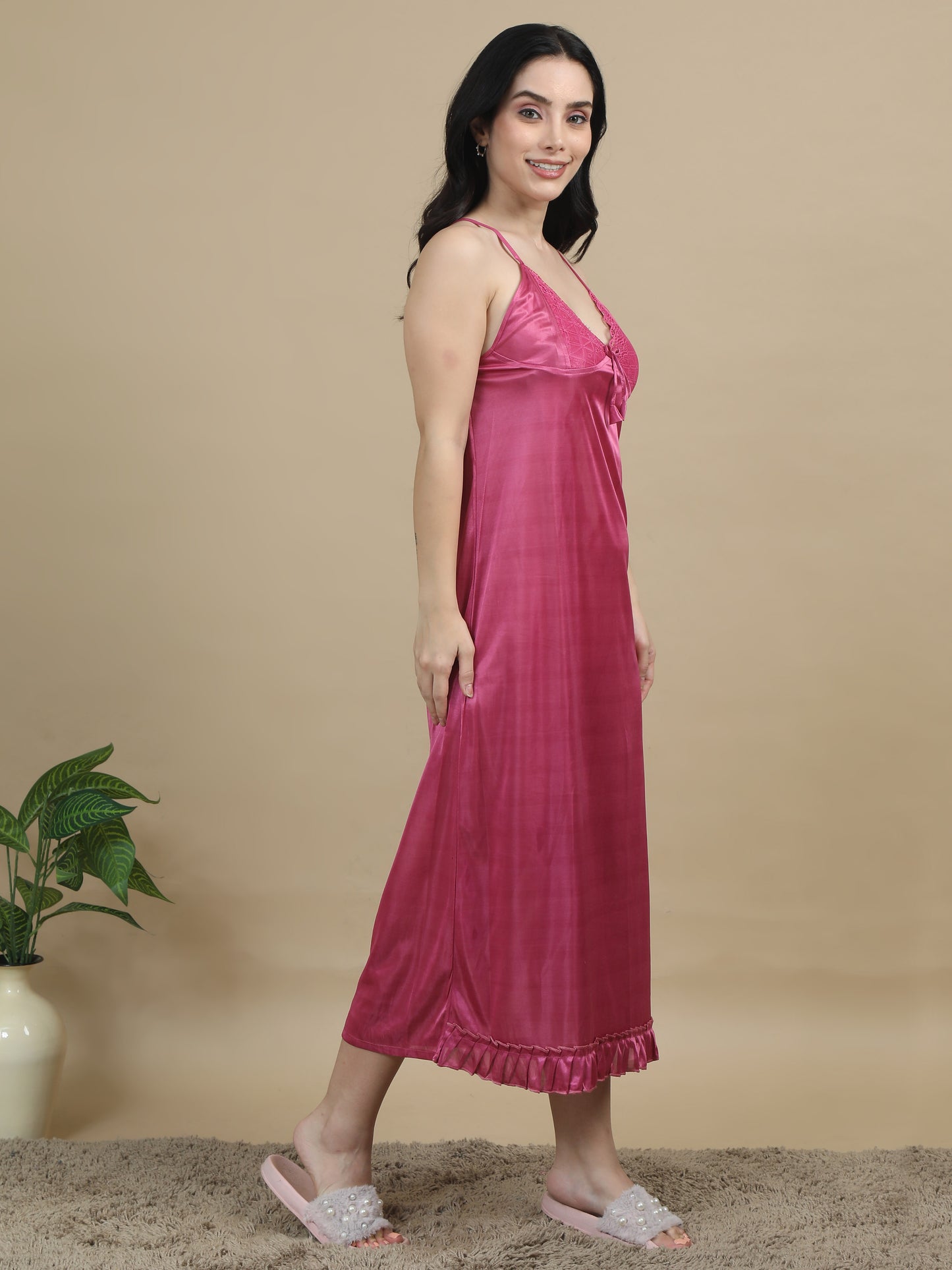 Bridal Long Dark Pink Satin Nightdress Women