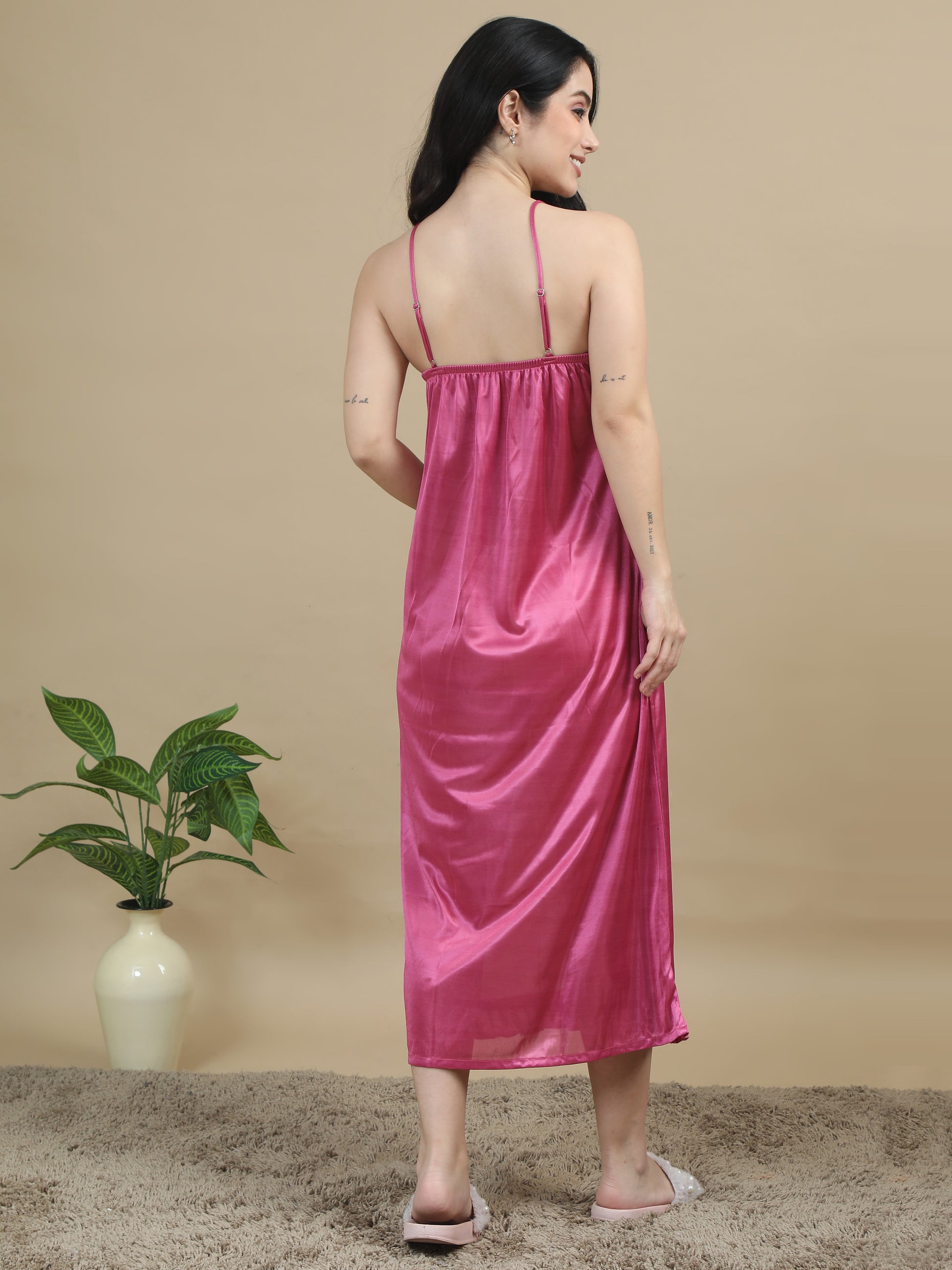 Bridal Long Dark Pink Satin Nightdress Women