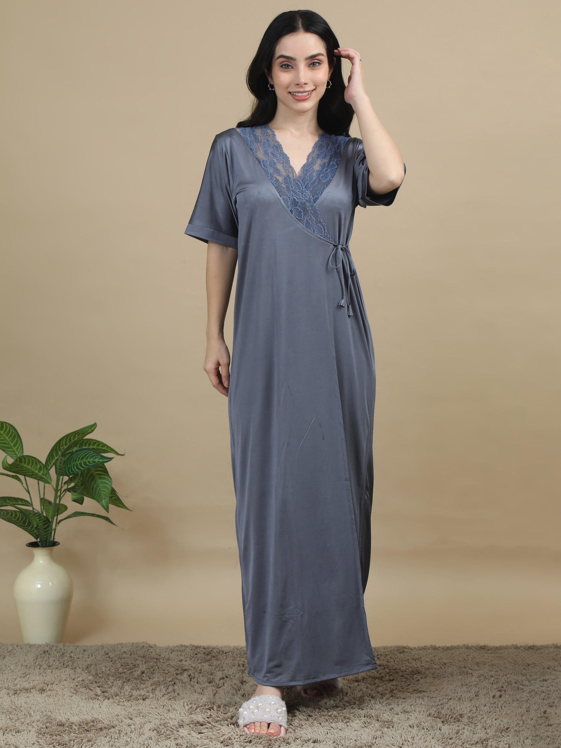 Grey Bridal Long Satin Nightdress for Women