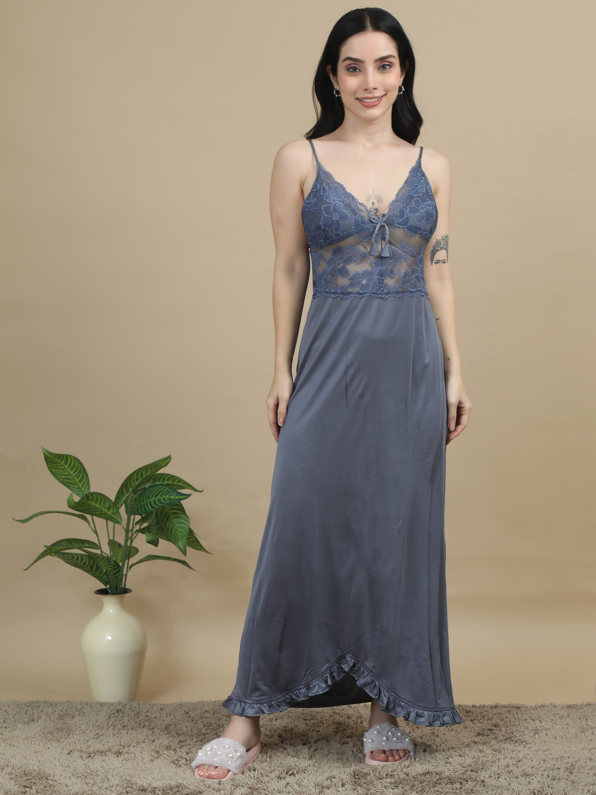 Grey Bridal Long Satin Nightdress for Women