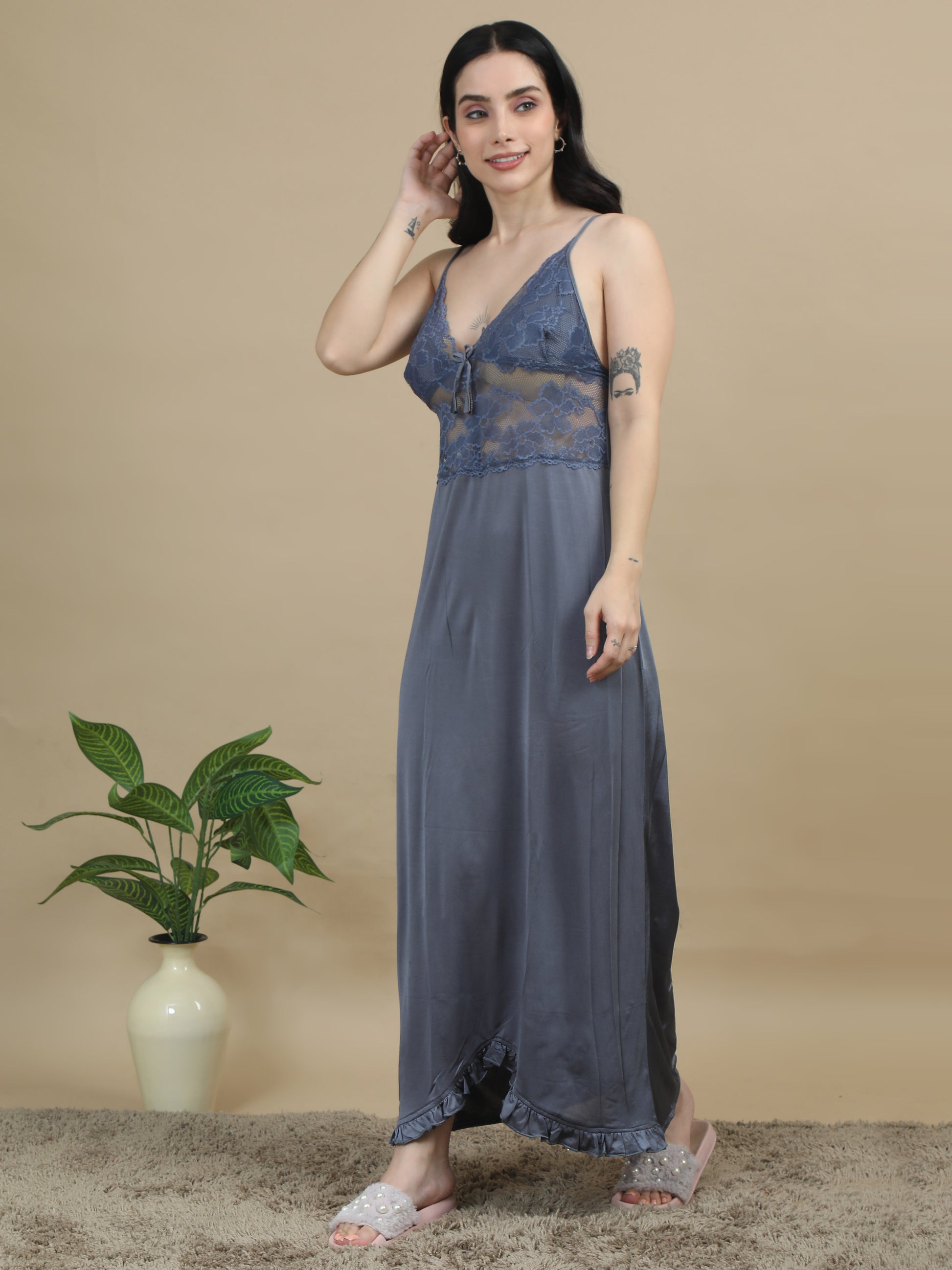 Grey Bridal Long Satin Nightdress for Women