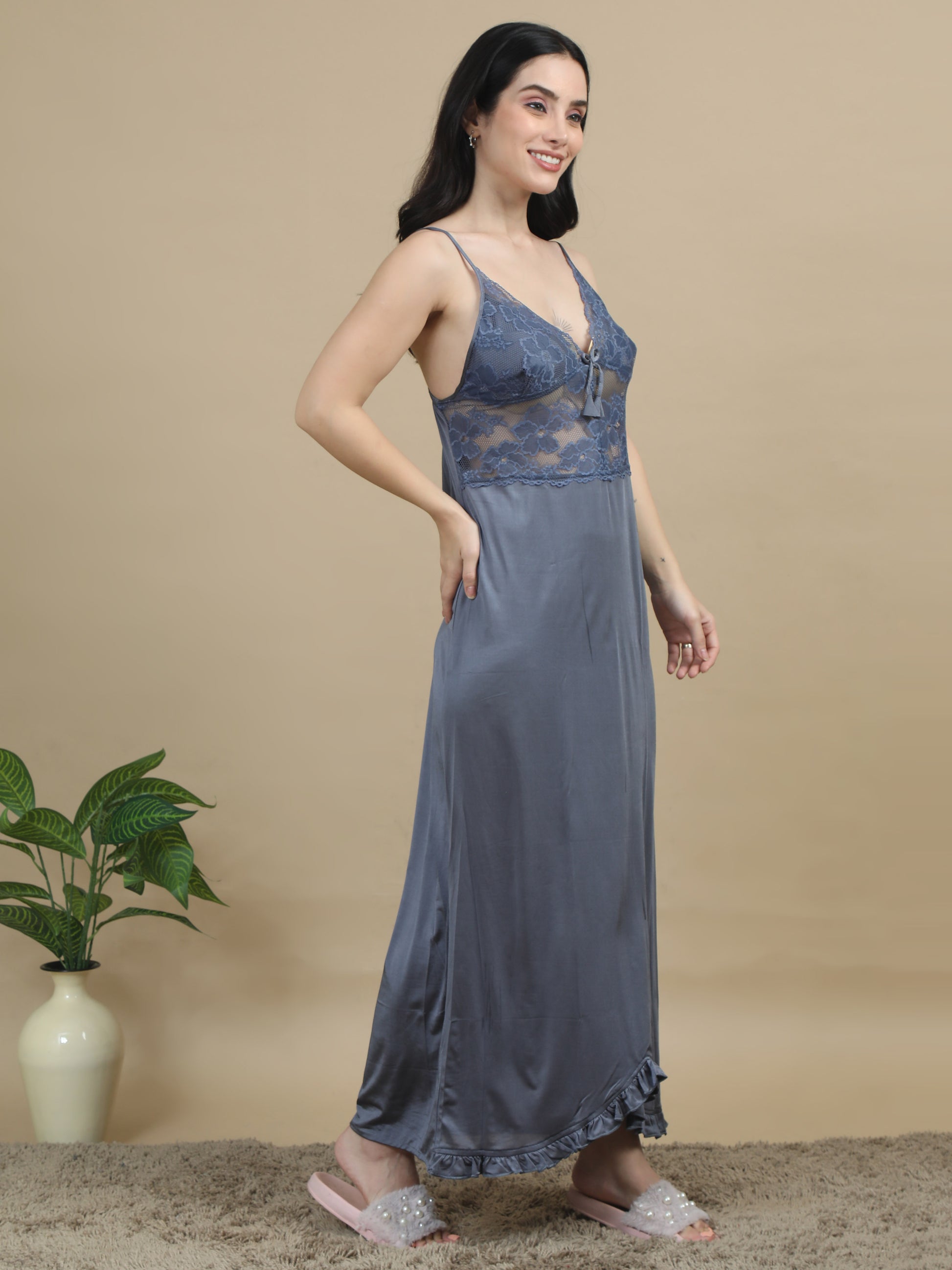 Grey Bridal Long Satin Nightdress for Women