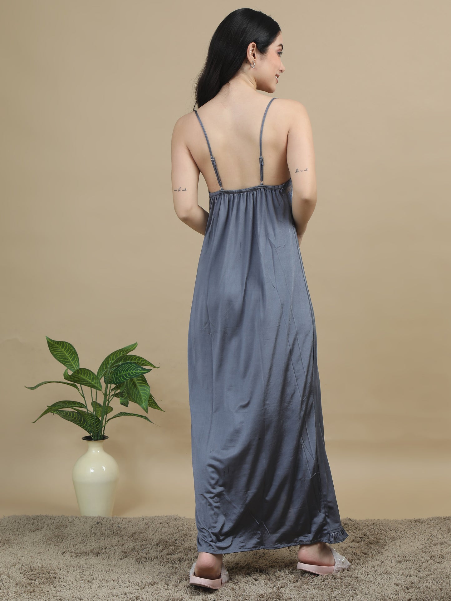 Grey Bridal Long Satin Nightdress for Women