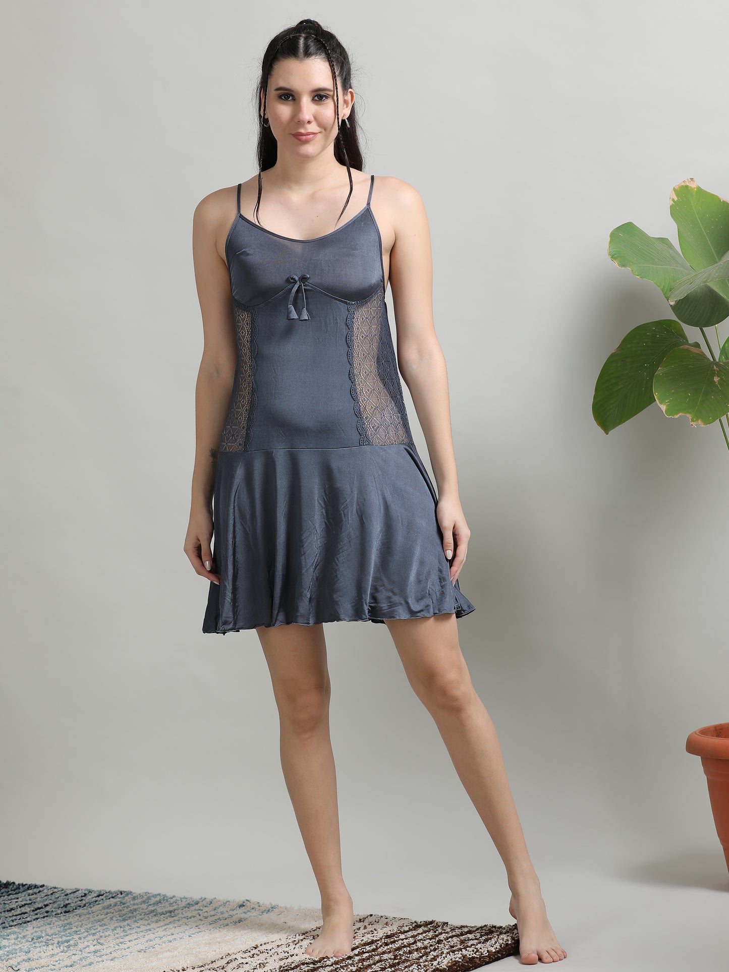 Grey Soft Silky Satin Womens Lace Babydoll Dress 