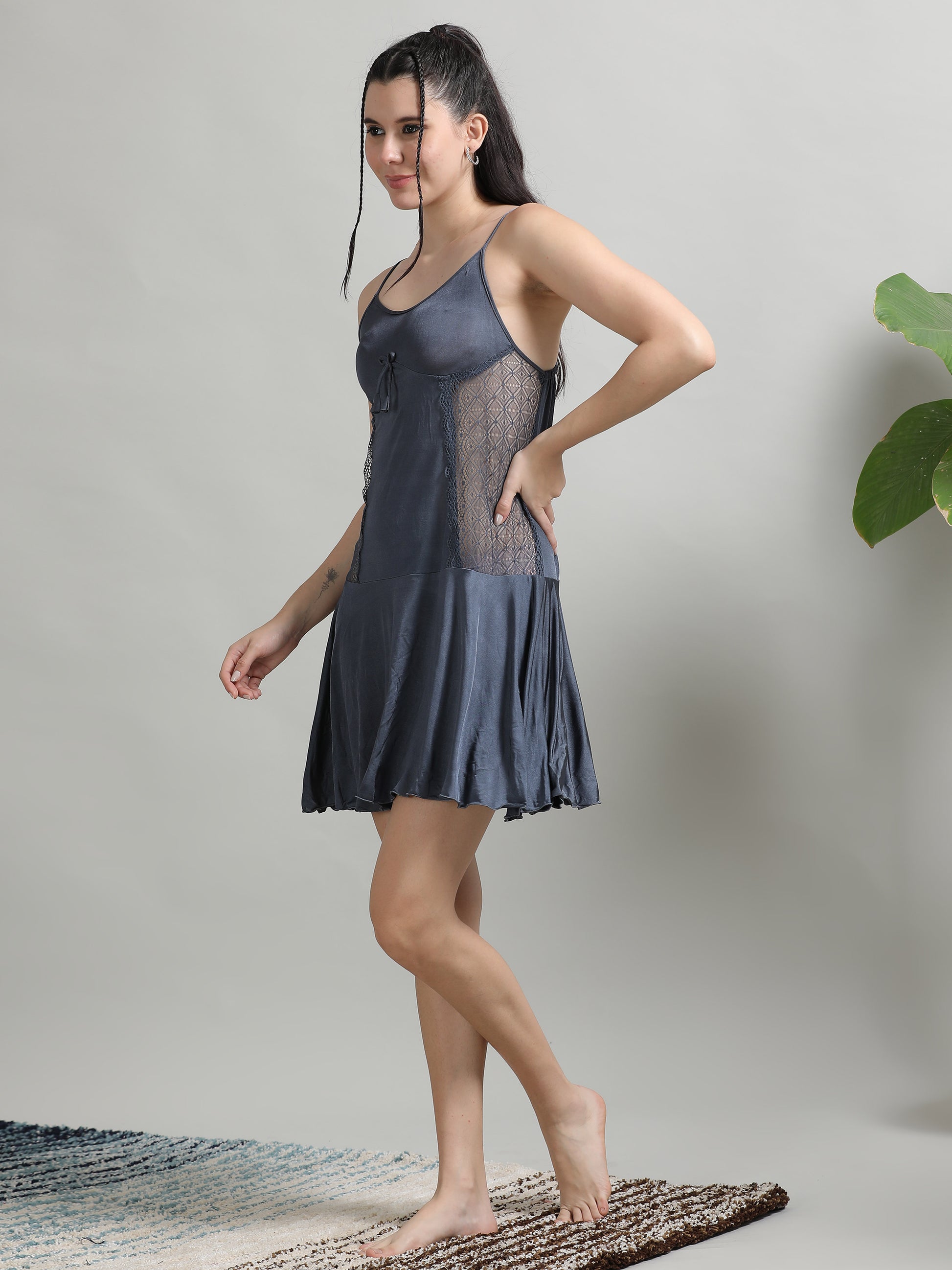 Grey Soft Silky Satin Womens Lace Babydoll Dress 