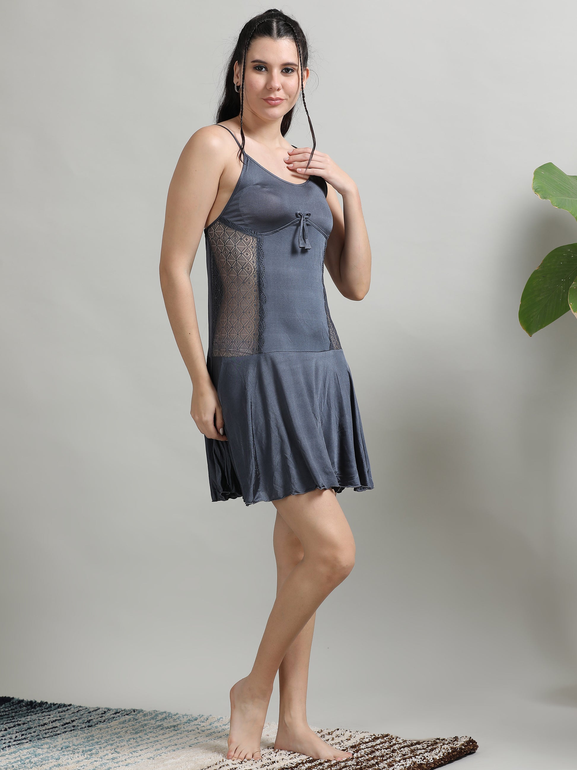 Grey Soft Silky Satin Womens Lace Babydoll Dress 