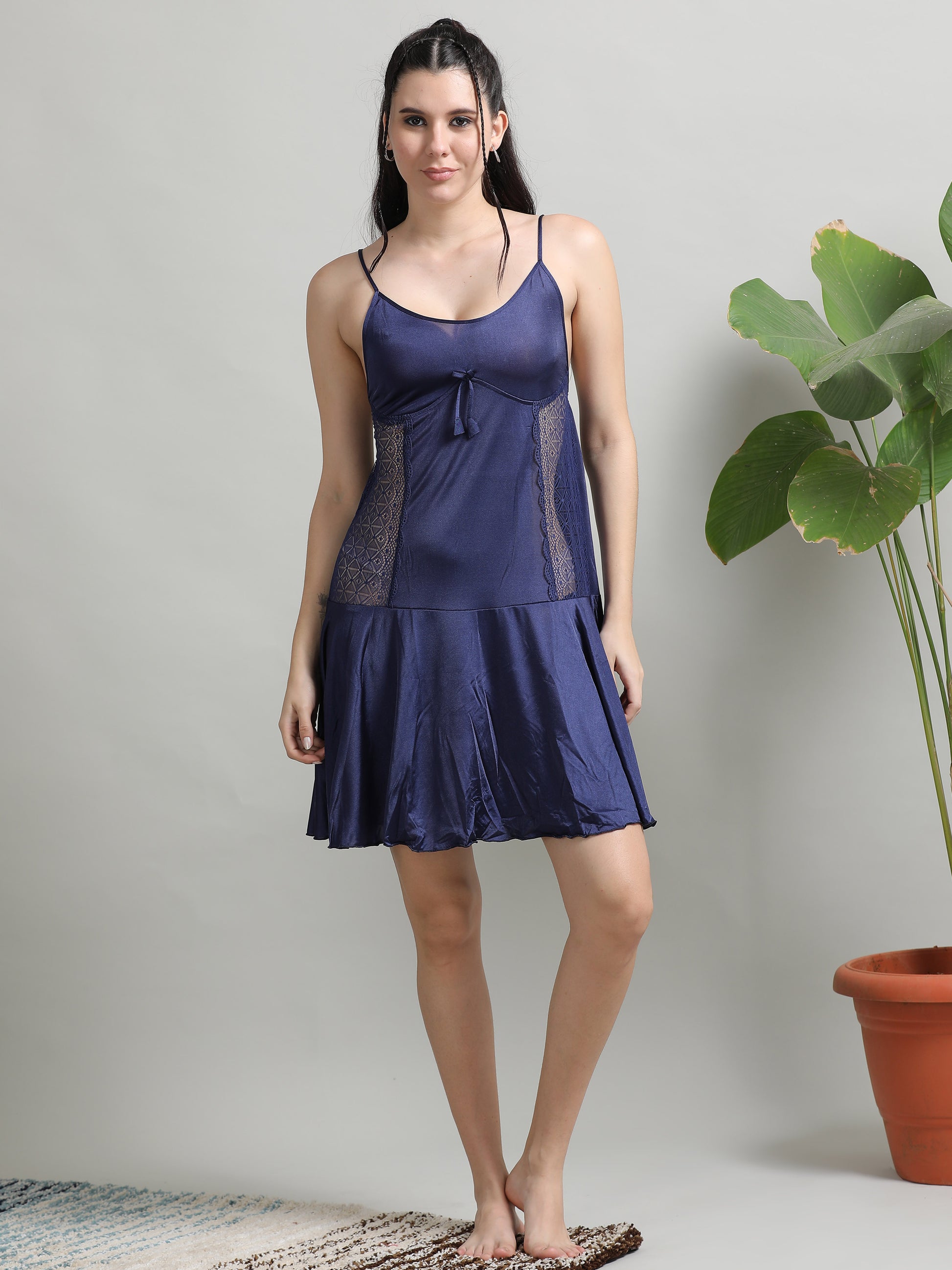 Navy Soft Silky Satin Babydoll for Women