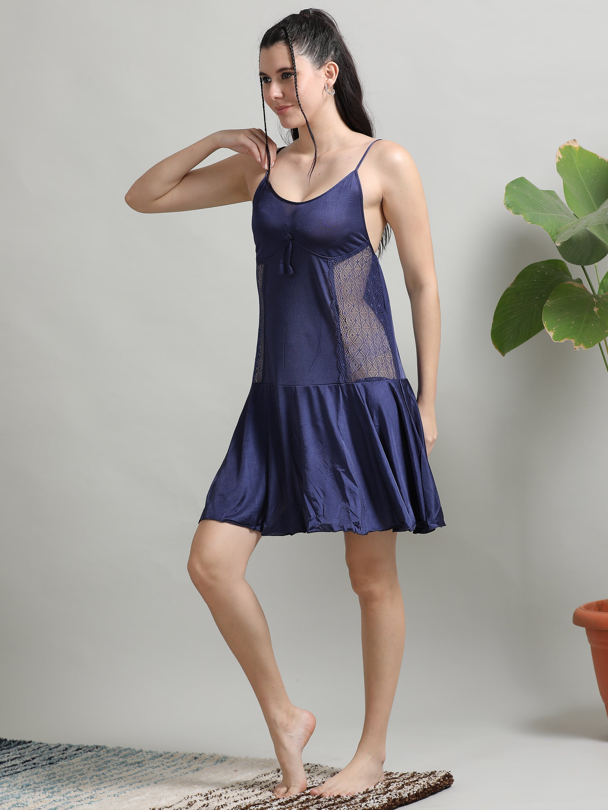 Navy Soft Silky Satin Babydoll for Women