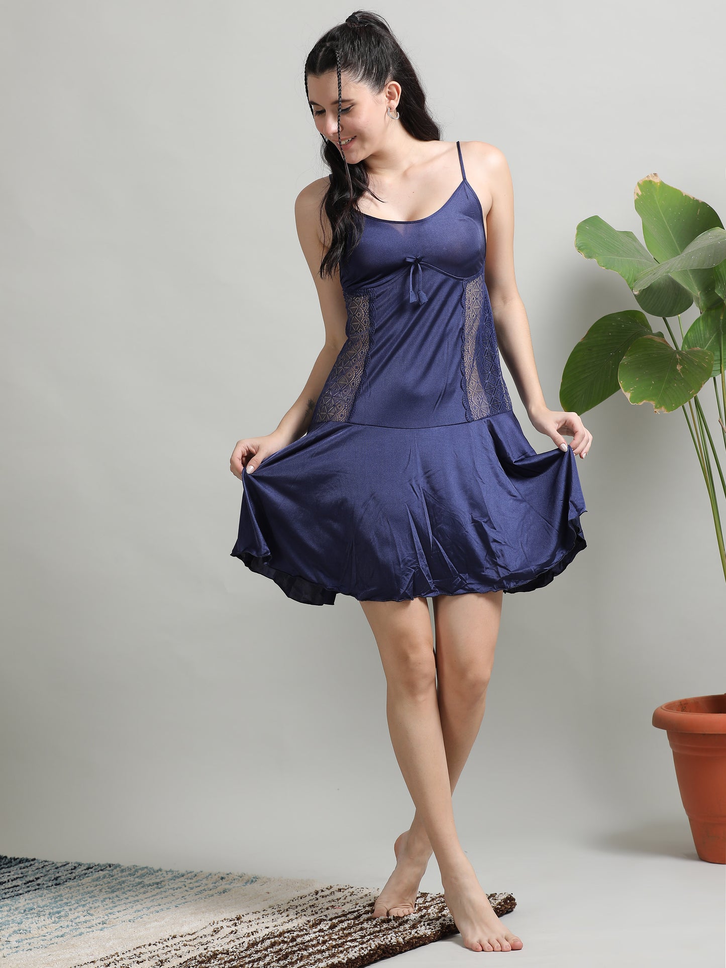 Navy Soft Silky Satin Babydoll for Women