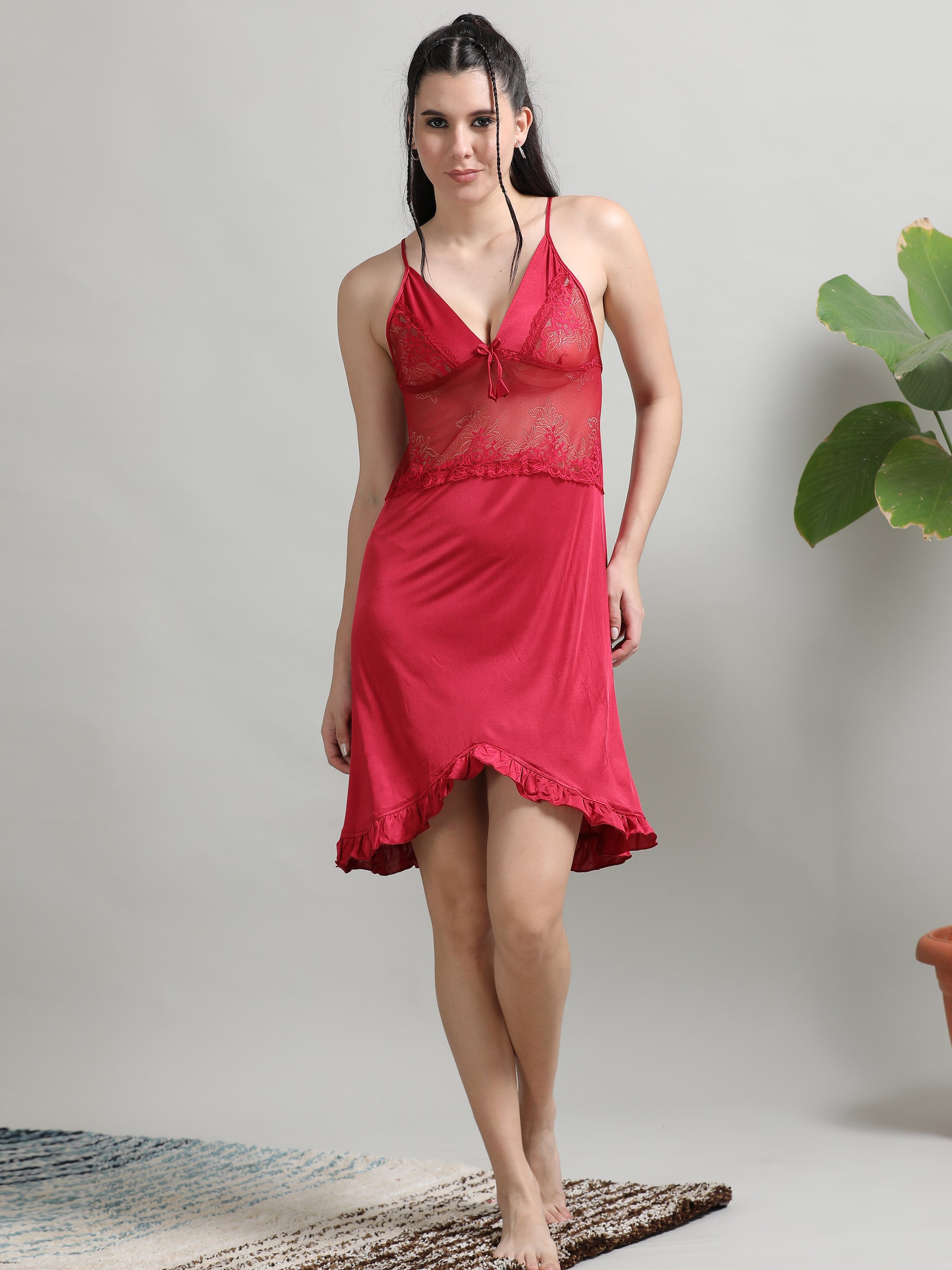  Wine Soft Silky Satin Short Babydoll Dress for Women