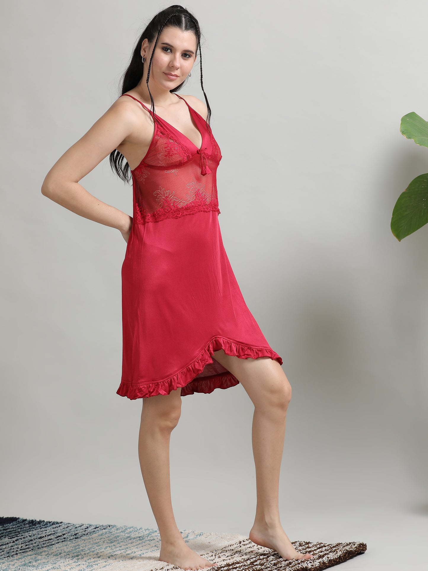  Wine Soft Silky Satin Short Babydoll Dress for Women