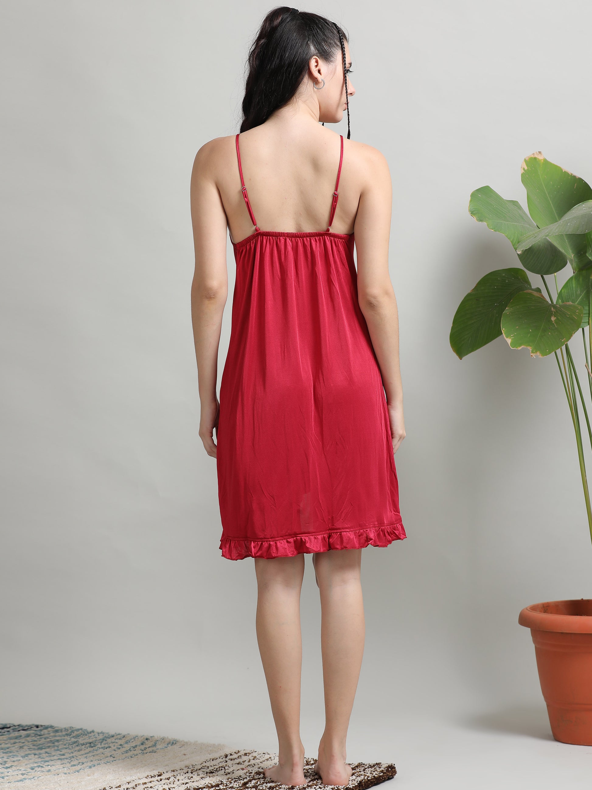  Wine Soft Silky Satin Short Babydoll Dress for Women