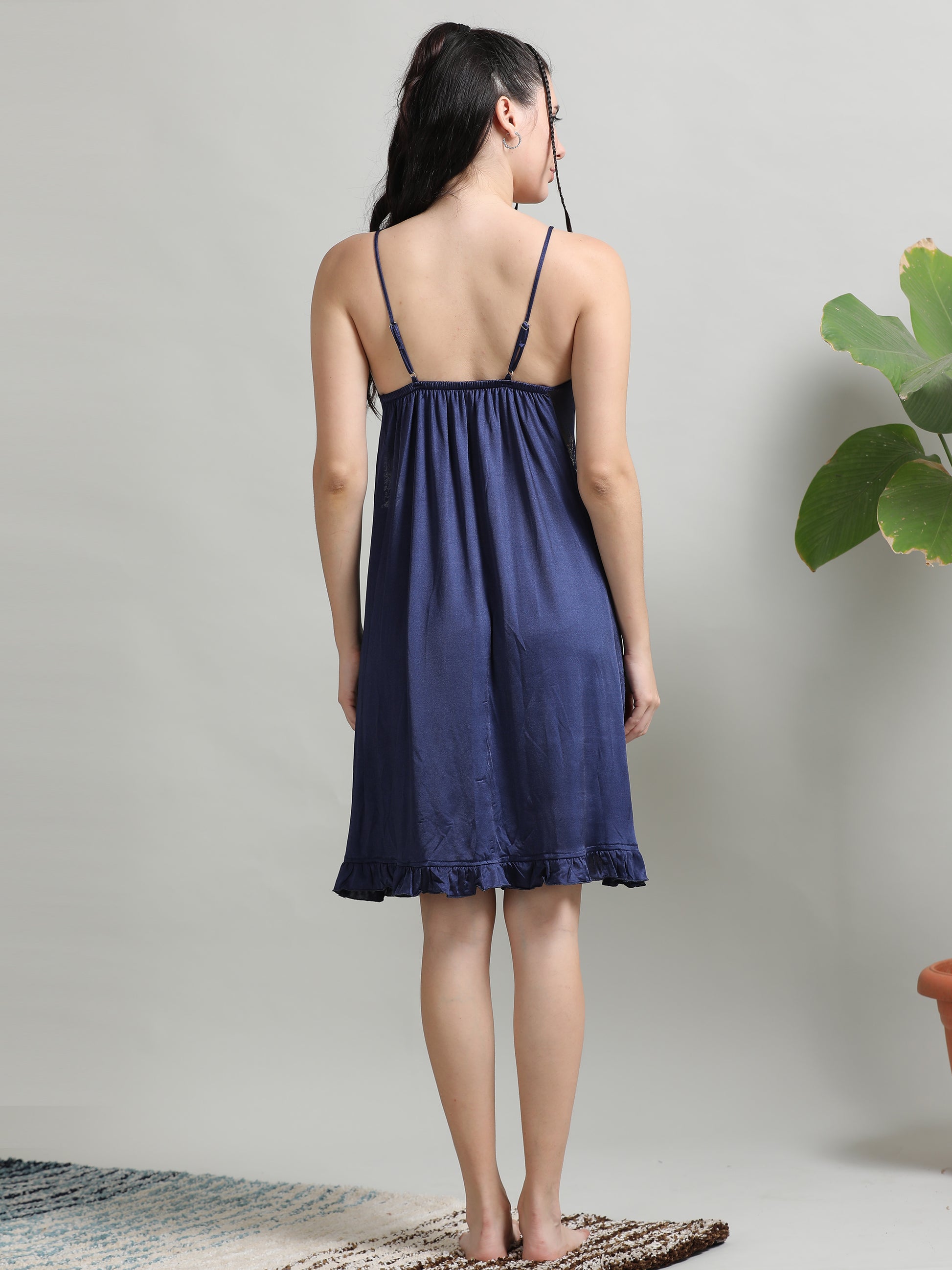 Soft Silky Satin Navy Babydoll Dress for Women 