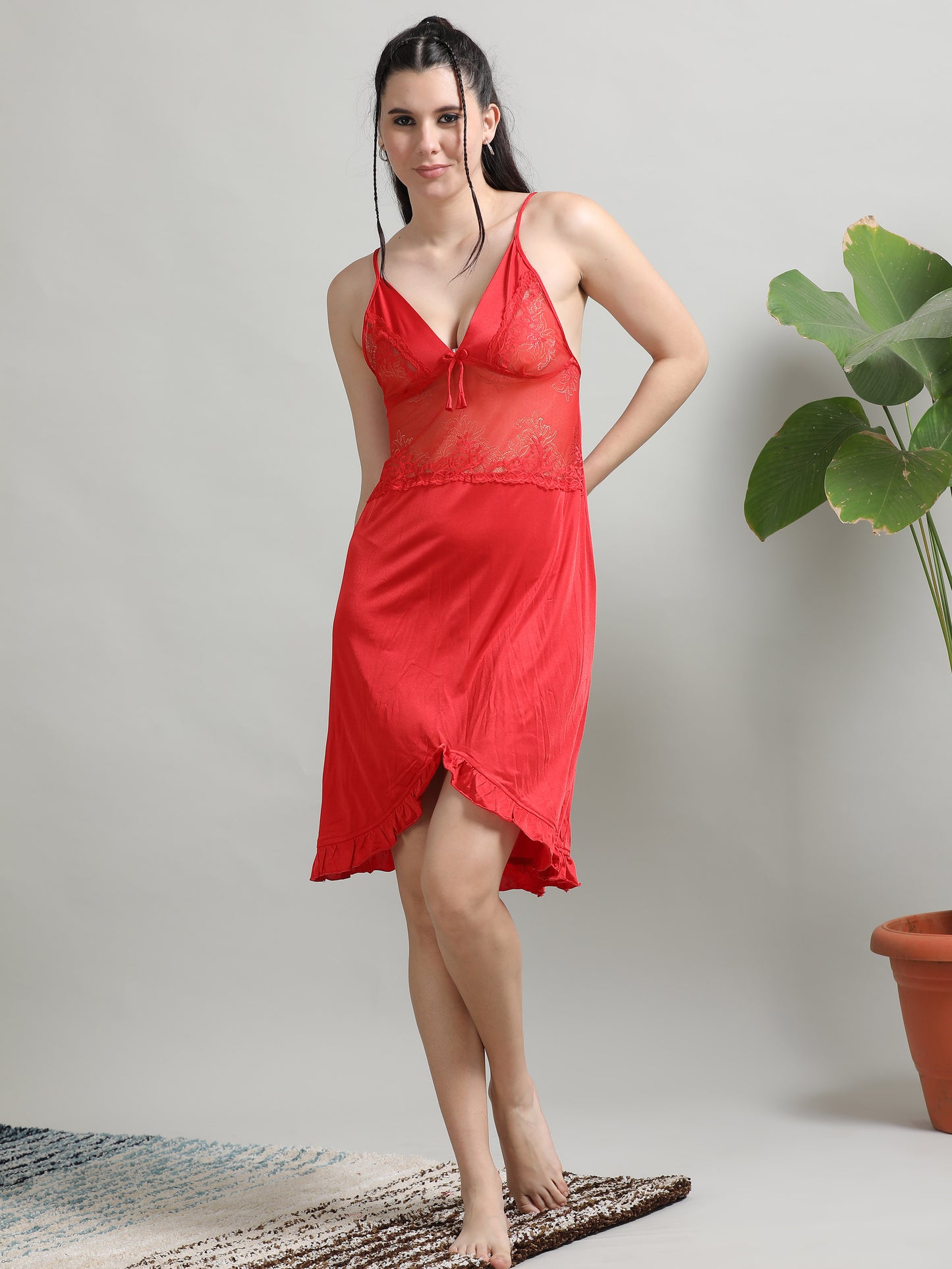 Soft Silky Satin Womens Red Babydoll Dress 