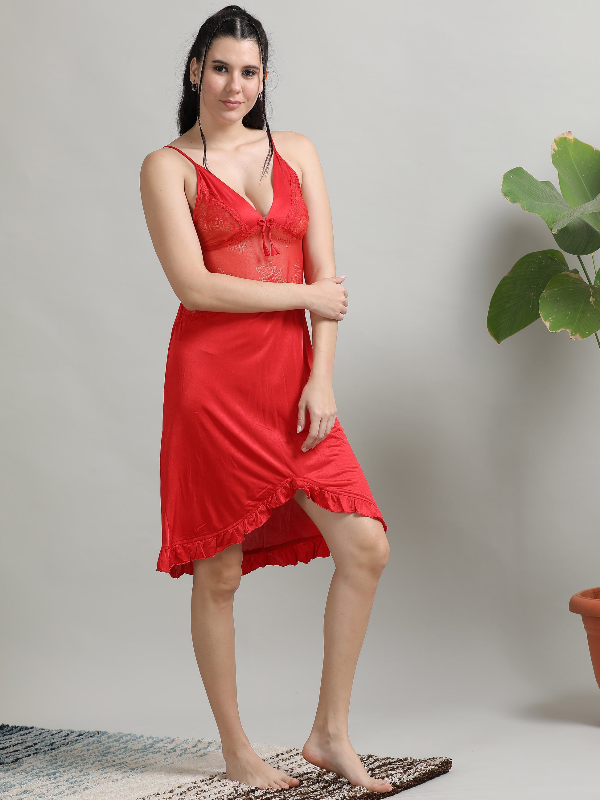 Soft Silky Satin Womens Red Babydoll Dress 