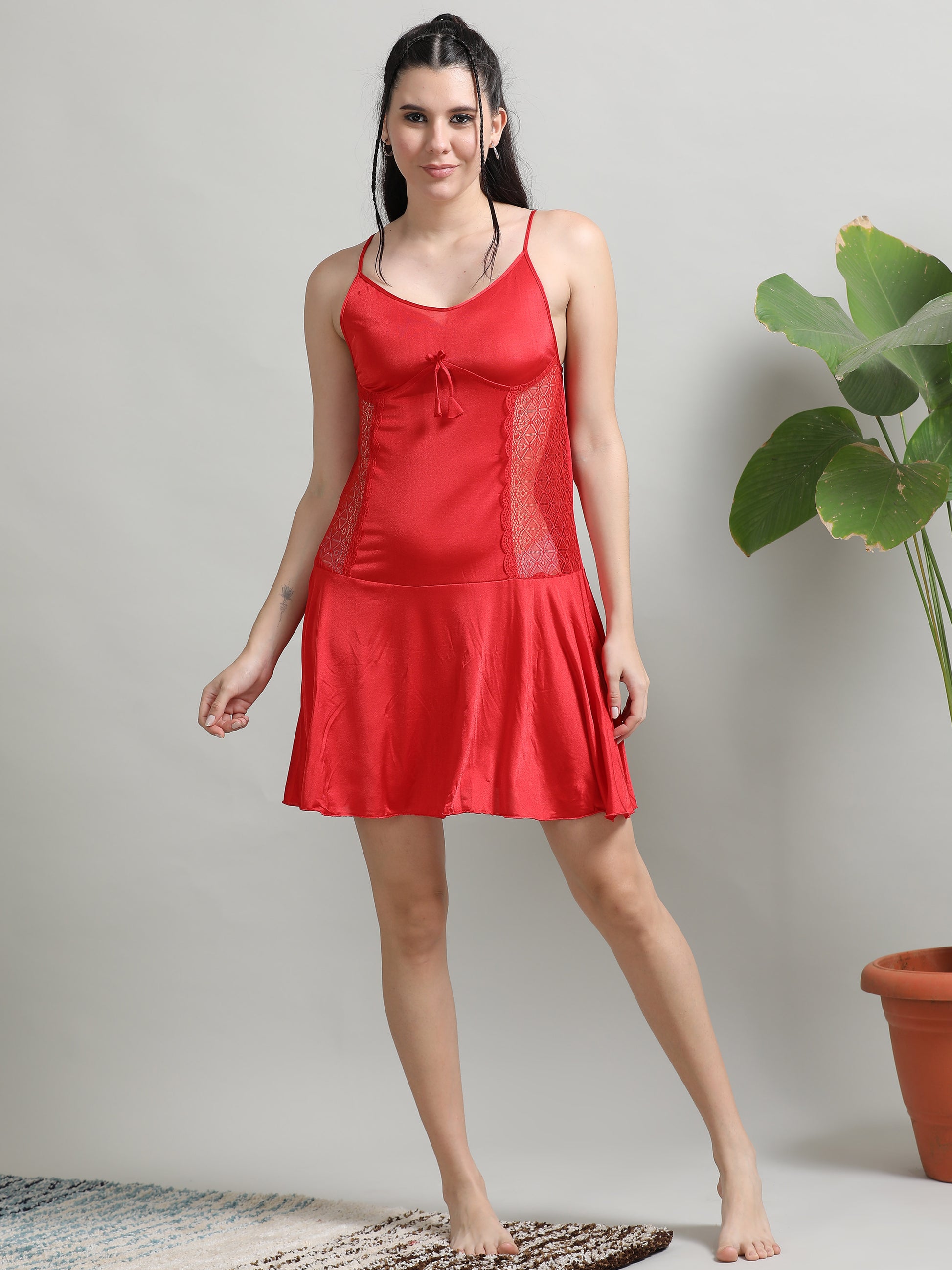  Soft Silky Satin Babydoll Red Dress for Women