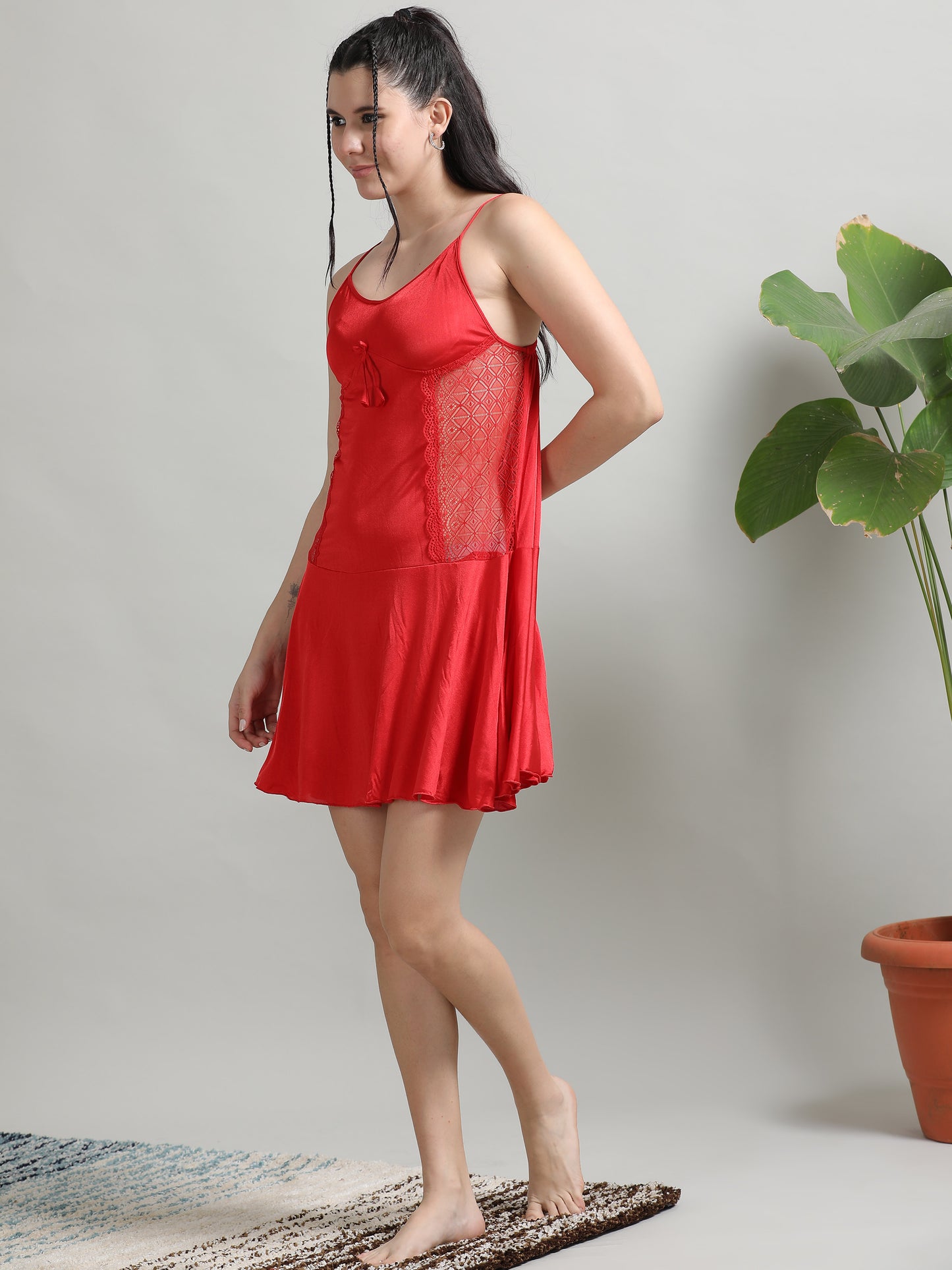  Soft Silky Satin Babydoll Red Dress for Women