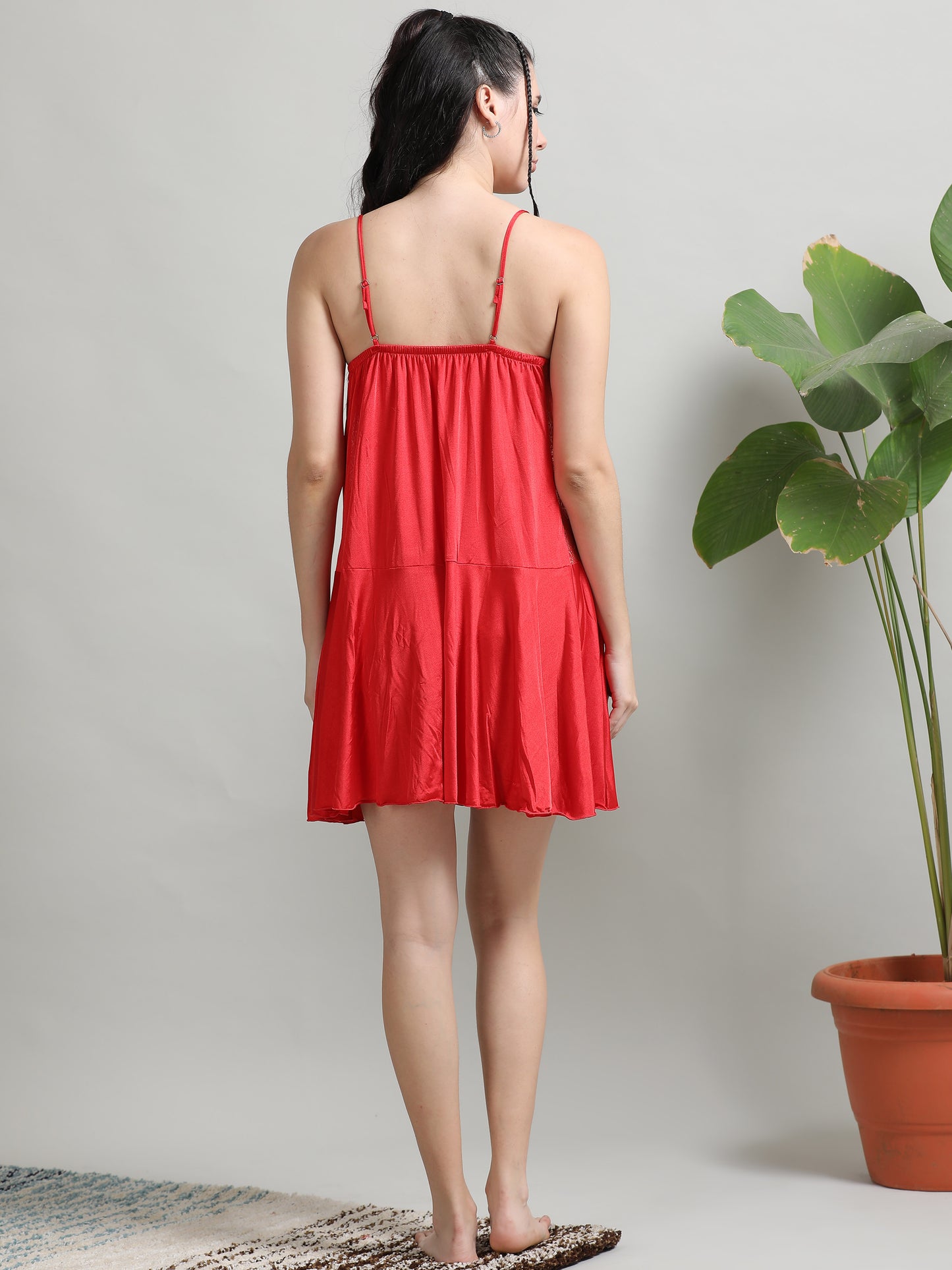  Soft Silky Satin Babydoll Red Dress for Women