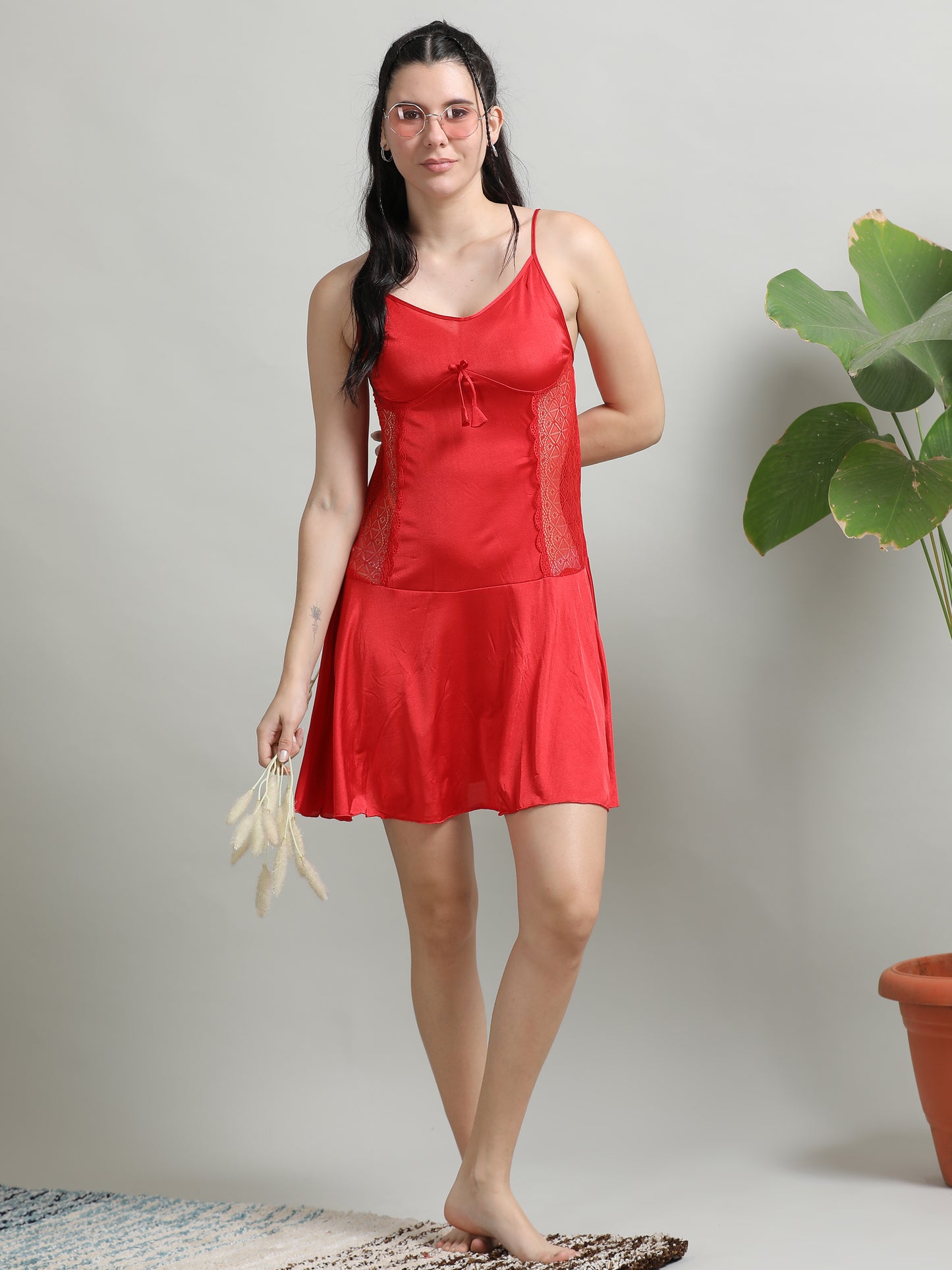  Soft Silky Satin Babydoll Red Dress for Women