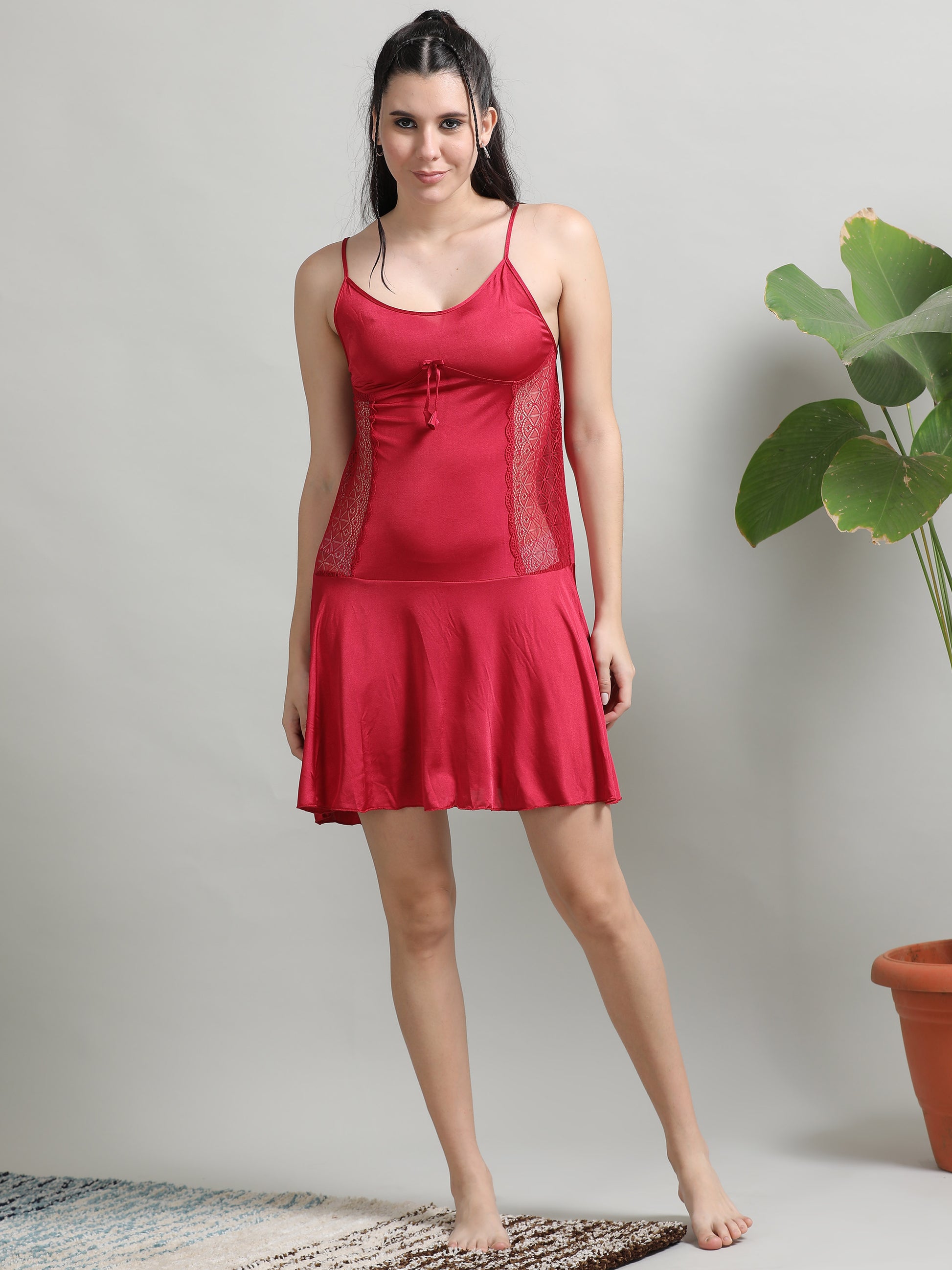  Maroon Soft Silky Satin Mesh Babydoll Dress for Ladies