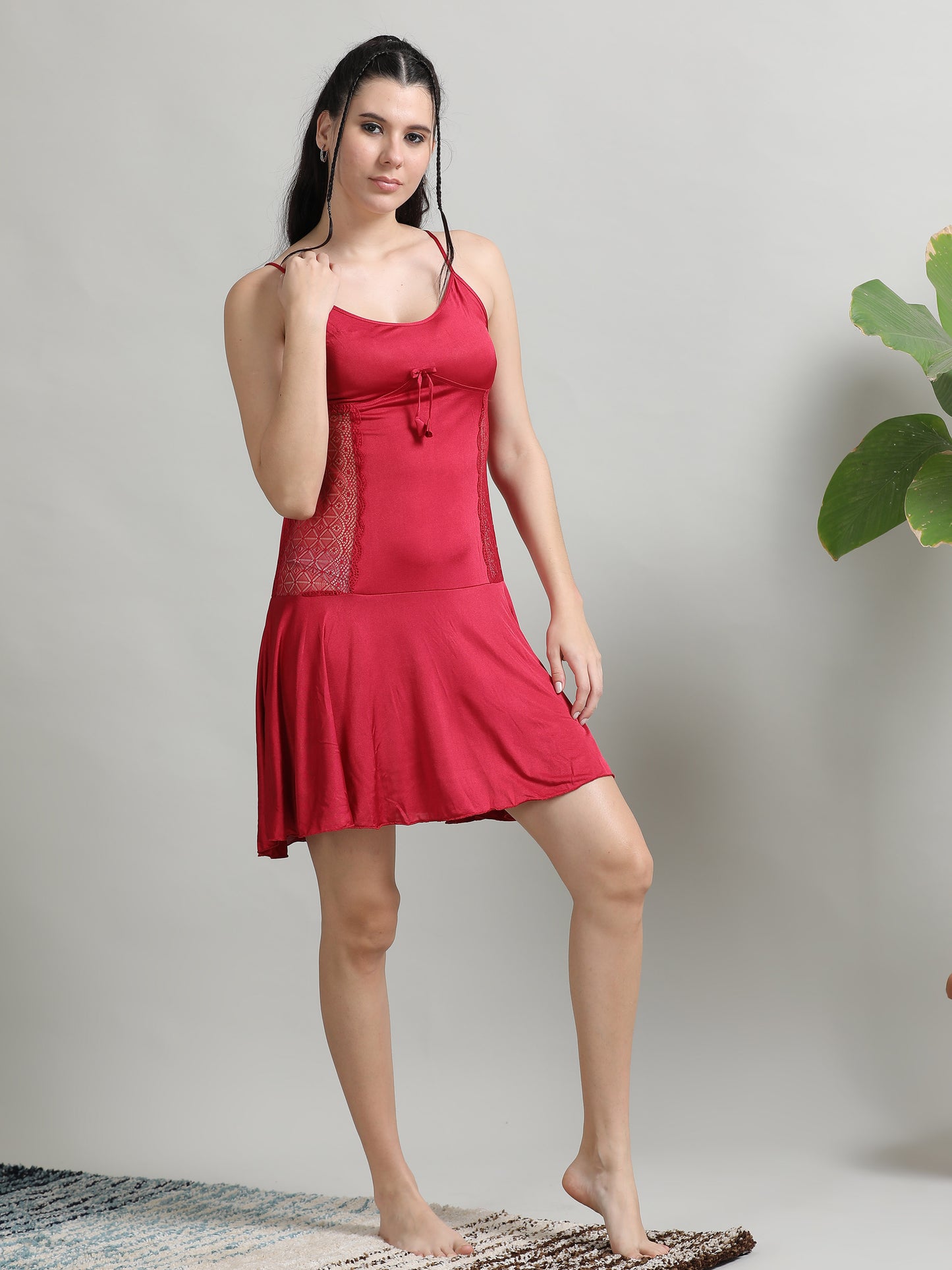  Maroon Soft Silky Satin Mesh Babydoll Dress for Ladies