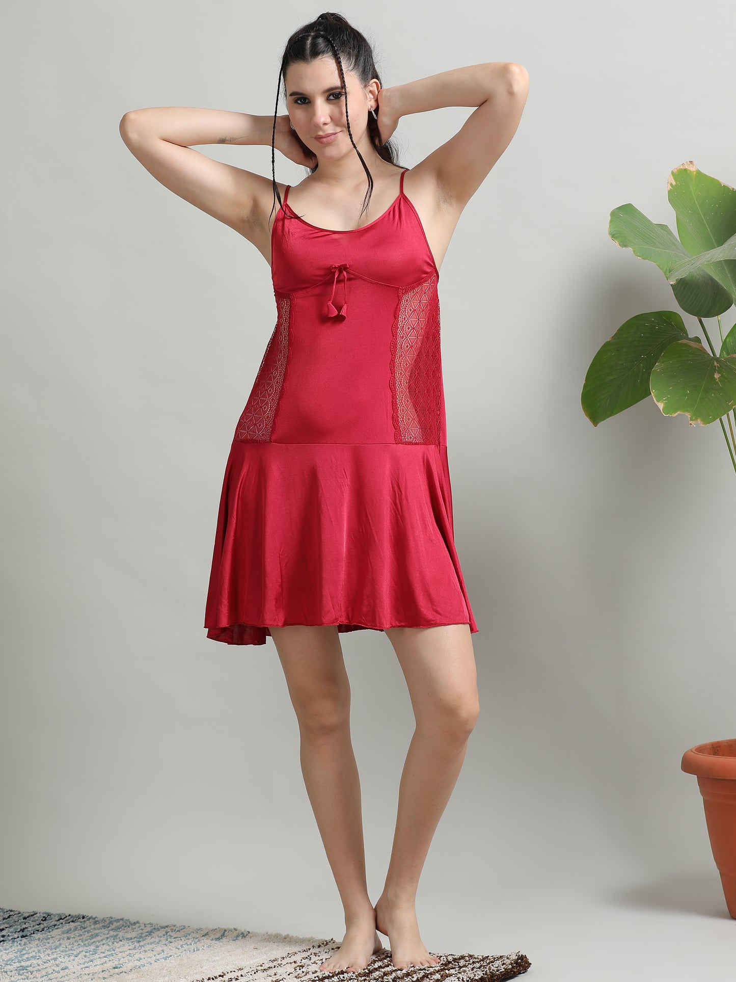  Maroon Soft Silky Satin Mesh Babydoll Dress for Ladies