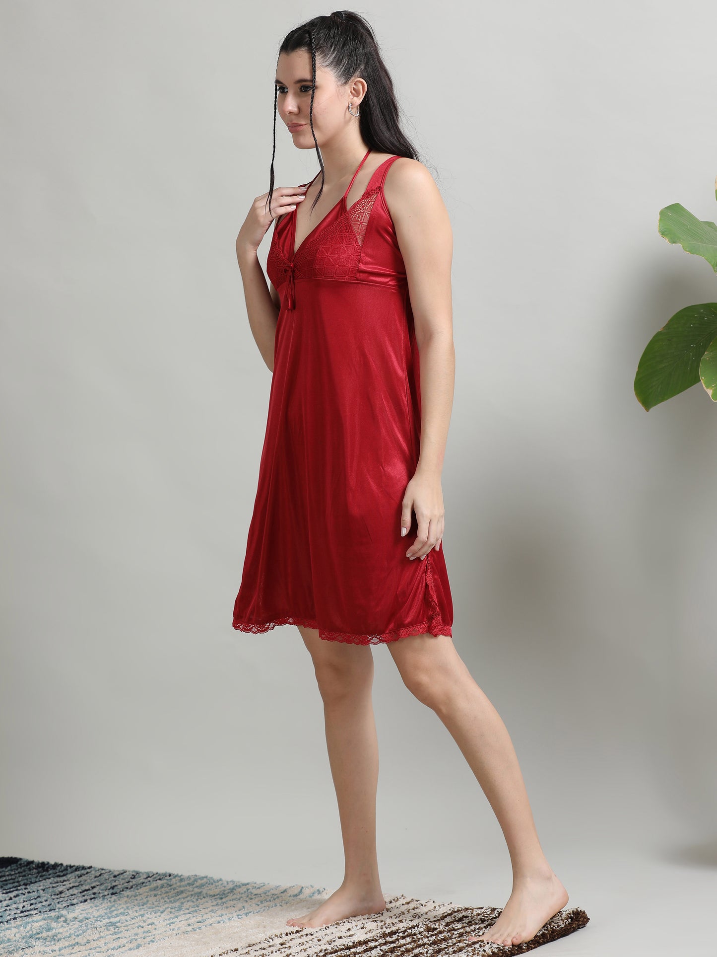 Maroon Satin V Neck Babydoll Dress for Ladies