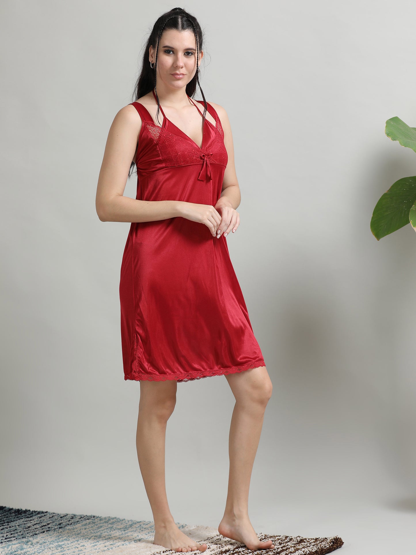 Maroon Satin V Neck Babydoll Dress for Ladies