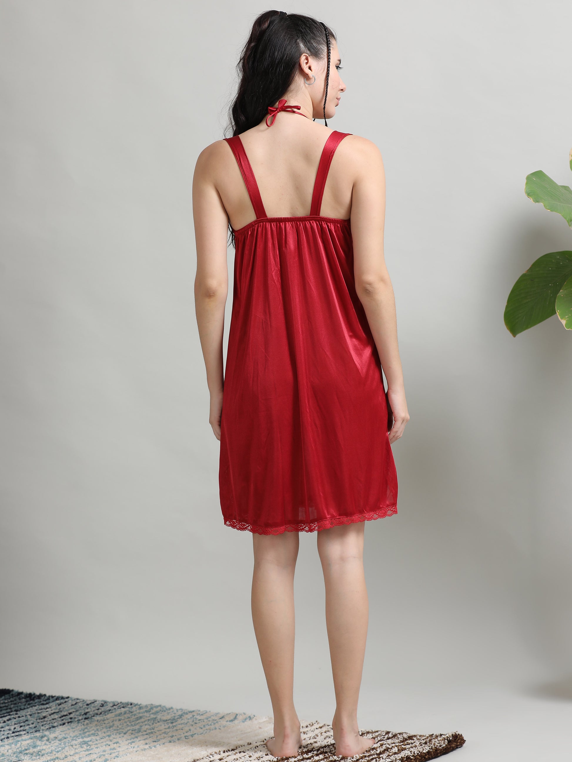 Maroon Satin V Neck Babydoll Dress for Ladies