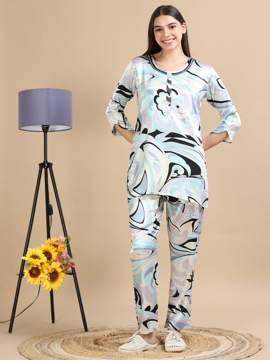 Satin Blue Printed Co Ord Set for Women