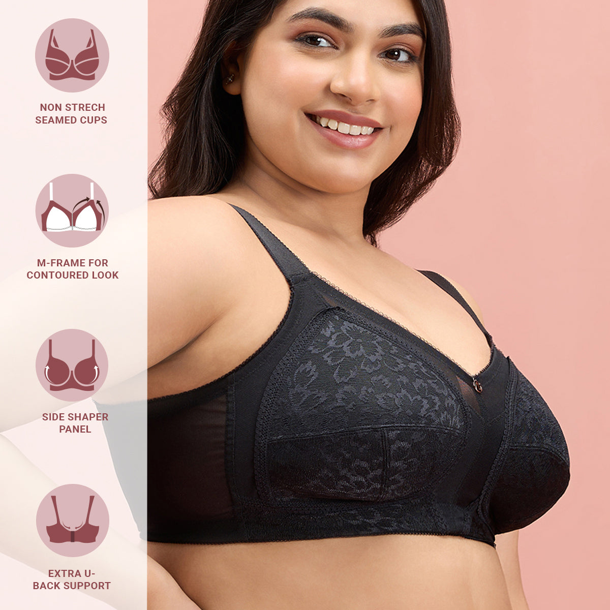 Shape & Support Non Wired Black Lace Bra for Women