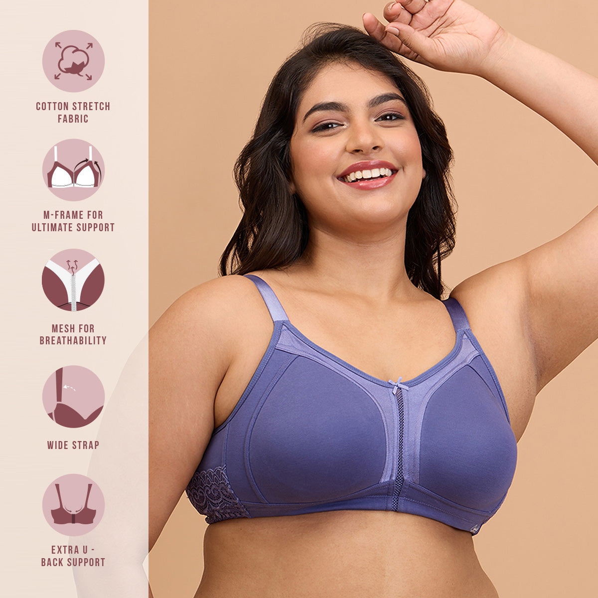 M-Frame Bounce Control Non-Padded Dark Purple Cotton Bra