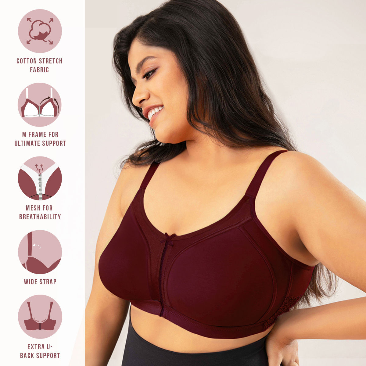 M-Frame Bounce Control Comfortable Wine Bra for Women