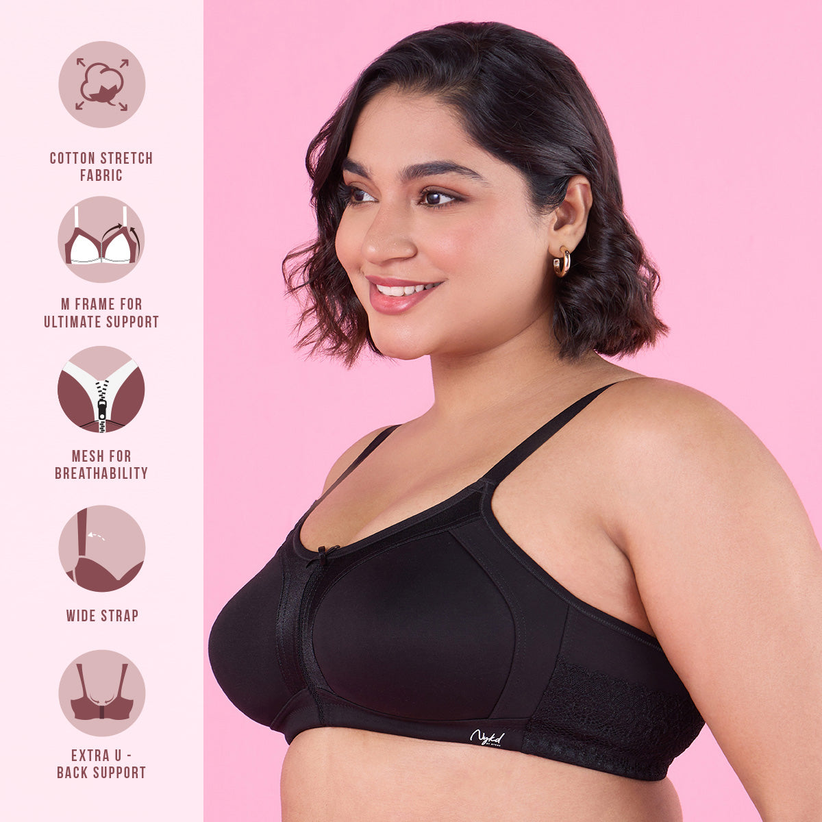 M-Frame Bounce Control Non-Padded Black Cotton Bra