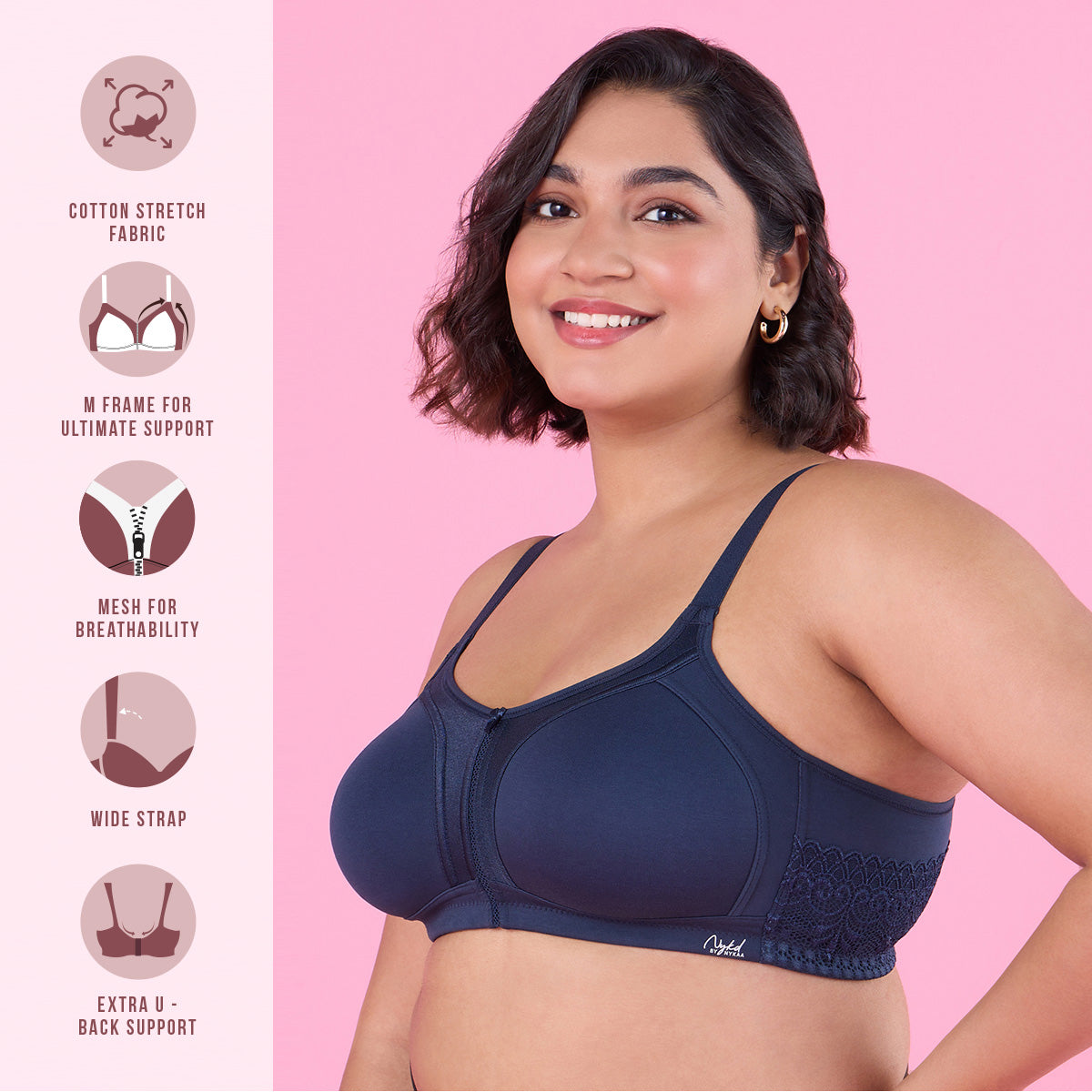 M-Frame Bounce Control Non-Padded Dark Blue Cotton Bra