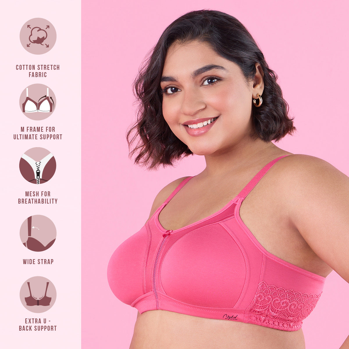 M-Frame Bounce Control Non-Padded Pink Cotton Bra